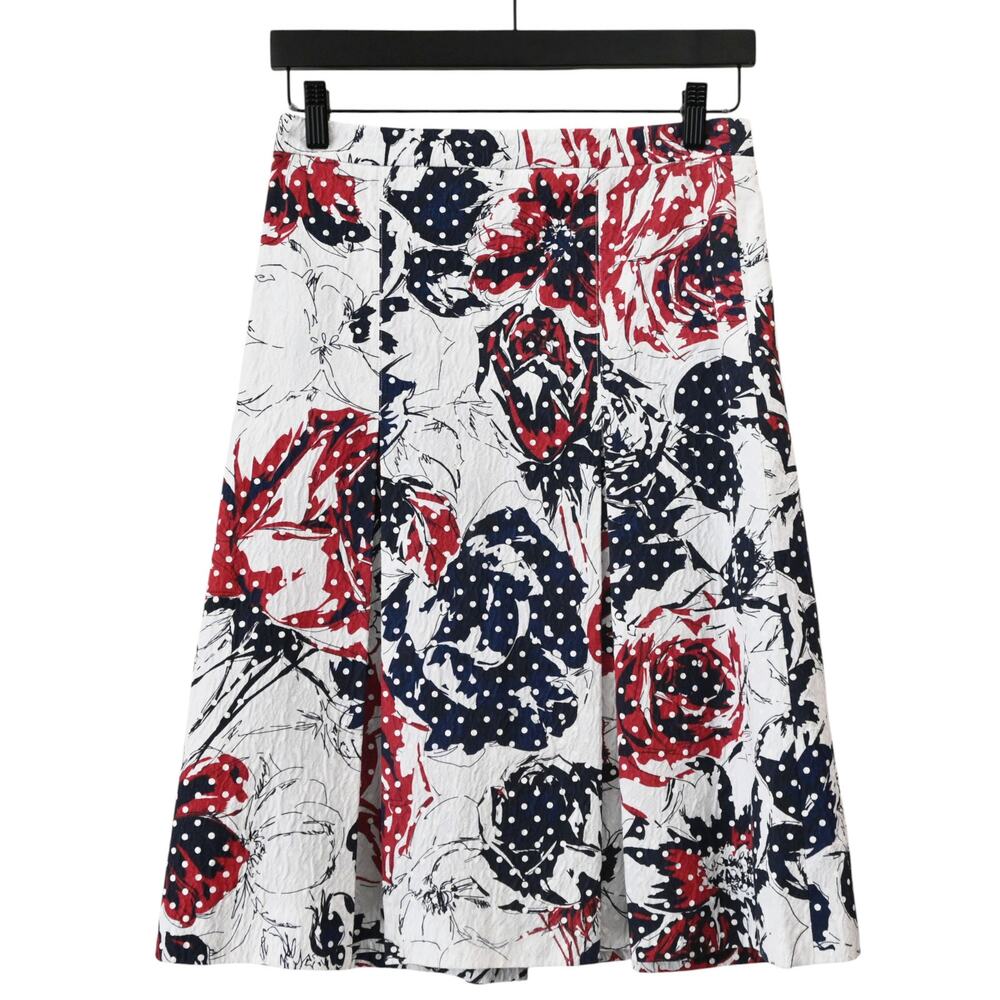 Carolina Herrera Red White Blue Floral Polka Dot Pleated A-Line Skirt Size 6